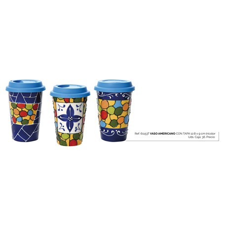 VASO AMERICANO CON TAPA 12.8 x 9 cm TRICOLOR